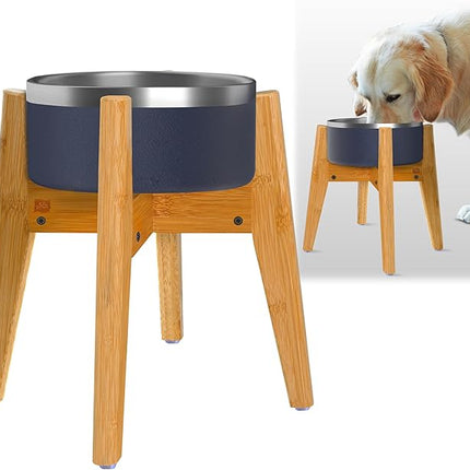 Dog Bowl Stand (12-inch High) - Ideal for Large Breeds - Adjustable Sideways, Slanted Feet - Elevates, Raises Pet Food Feeders, Water Dishes, Fountains, Dispensers - Bamboo Stand Only