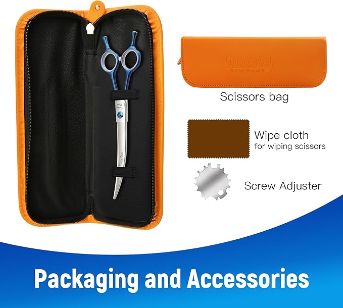 Fenice Peak Grooming Scissors for Dogs 7 inch Curved Pet Grooming Scissors Ergonomically Designed Blue Handles Ideal Dog Shears for Precise Trimming Easy Use.