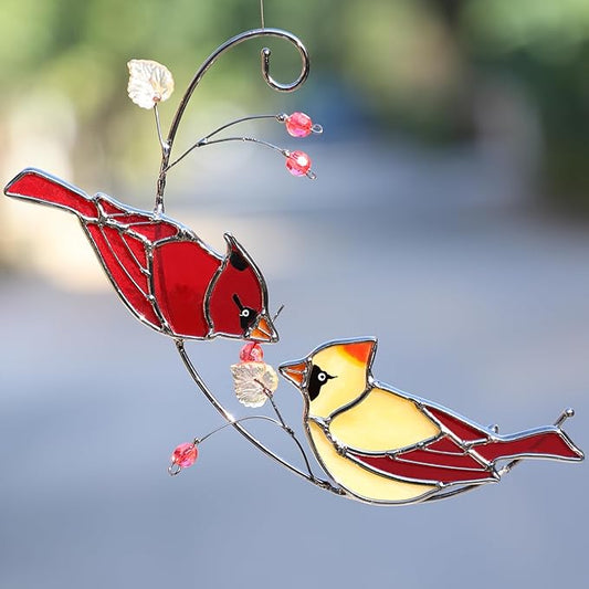 Handmade Cardinal Stained Glass Suncatcher Window Hanging Ornament for Christmas,Mother’s Day,Memorial Gifts,Red Birds Sun Catcher Decorative for Women, Mom, Grandma,Real Glass Unique Design