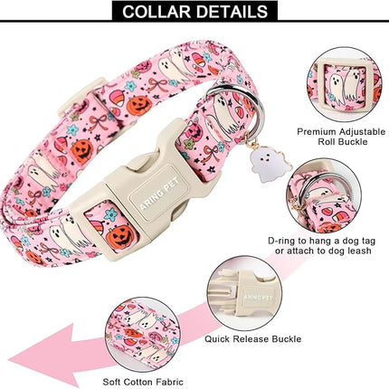 ARING PET Halloween Dog Collars, Cute Pink Pumpkin Ghost Flower Bowtie Pet Collar with Quick Release Buckle for Small Medium Large Girl Boy Dogs-M