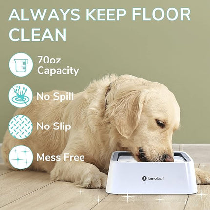 LumoLeaf No Spill Water Bowl for Dogs with Filter, 70oz/2L, Slow Feeder for Messy Drinkers, Drip-Free & Splash-Proof Design (White 70 fl oz)