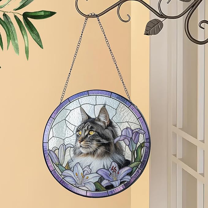 Gabita Custom Cat Portrait Stained Glass Window Hanging Light Catcher, Pet Memorial Stained Glass Photo, Cat Memorial Gift Pet Loss Sympathy Gift