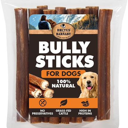BRUTUS & BARNABY Bully Sticks for Dogs, 6" – Low-to-No Odor, Grass-Fed, Rawhide-Free Chews for Aggressive Power Chewers
