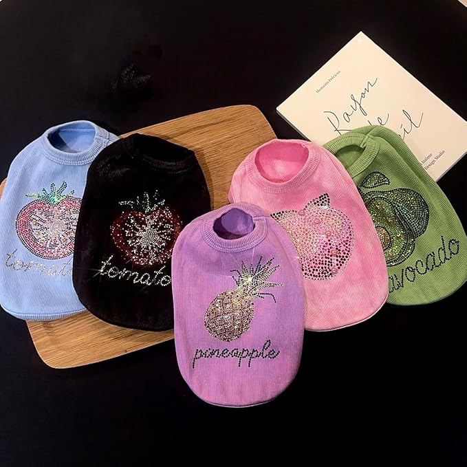 Washed Cotton Pet Vest with Rhinestone Fruit Designs, Soft & Stylish Small Dog Cat Vest for Spring Summer, Breathable & Shiny (Green-Avocado, X-Large)