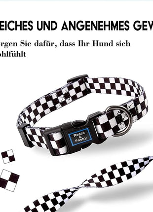 Roses&Poetry Dog Collar with Colourful Checkered Patterns, Adjustable Durable Puppy Collars for Small Medium Large Dogs (Black & White-S)