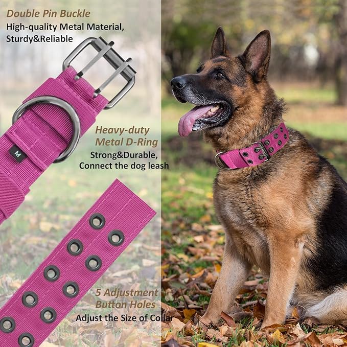 Tactical Dog Collar with Handle, Military Adjustable Heavy Duty Metal Buckle Dog Collars Soft Nylon Training Collar for Medium Large Dogs (Pink, Large)