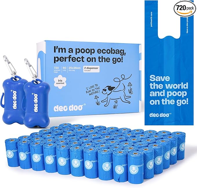 Dog Poop Bags with Handles 60 Rolls 720 Counts Big Sizes Leak Proof and Extra Thick Waste Bags Refill Rolls for Walking Small Medium Large Dogs Cats Litter With 2 Dispensers Iris Scented