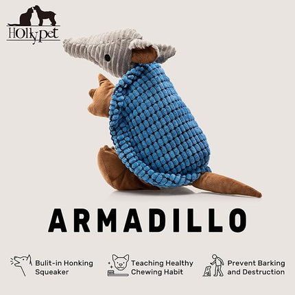Hollypet Plush Dog Squeaky Toy Stuffed Armadillo Animal Pet Puppy Chew Toys with Clean Teeth for Small Medium Large All Breed Sizes Dogs, Blue, 10 in