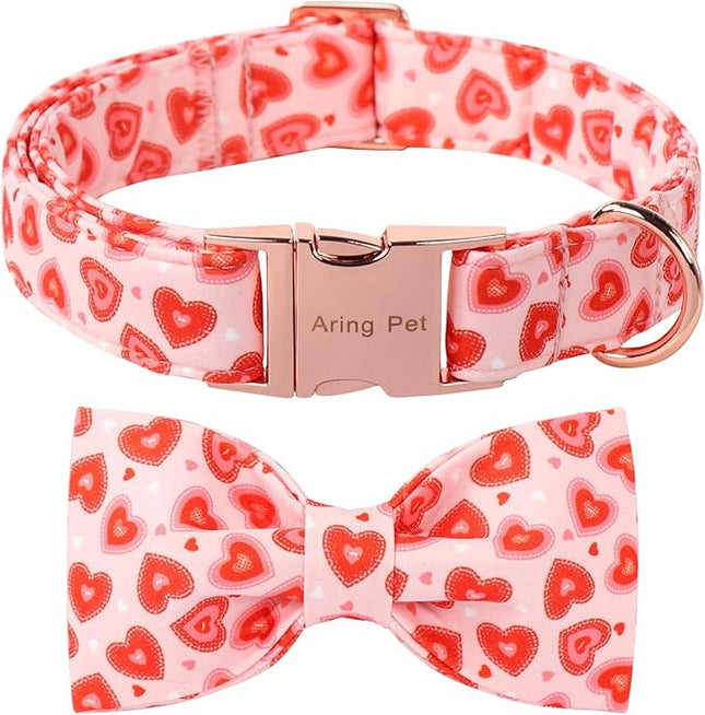ARING PET Valentine Bow Dog Collar, Pink Red Heart Pet Collar with Bowtie for Small Medium Large Dogs-XL