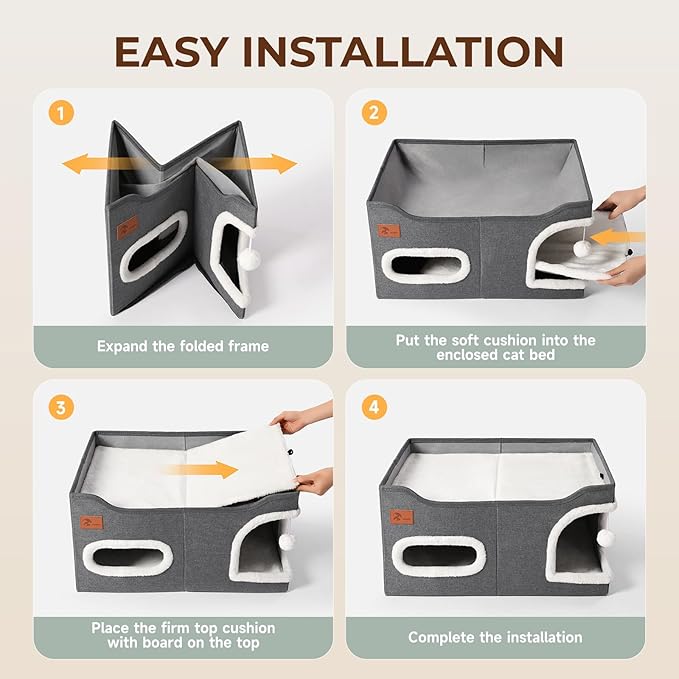 Petizer 23.8 Inches Large Cat Houses for Indoor Cats -Cute Cat Houses & Condos, Foldable Cat Cave Bed with Fluffy Ball and Scratch Pad, Cat Hideaway for Kittens, Kitty, Multi Small Pets, Dark Grey