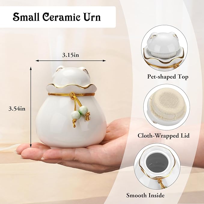 SOITIS Engraving Customized Pet Memorial Urn for Cat or Dog Ashes - 3.54"x3.15" Elegant Ceramic Keepsake Holder with Cat-Shaped Lid & Gold Trim, Small White Urn for Pet Ashes