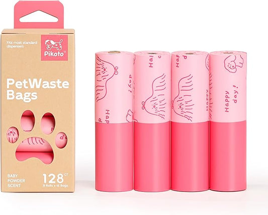 Pink Poop Bags for Dogs - 128 Count, 60% Recycled Plastic Baby Powder Scented Dog Poop Bags - Easy-Peel Sticker, Leak-Proof, Extra Strong & Thick - Perfect for Diapers, Cat Litter (8 Rolls)