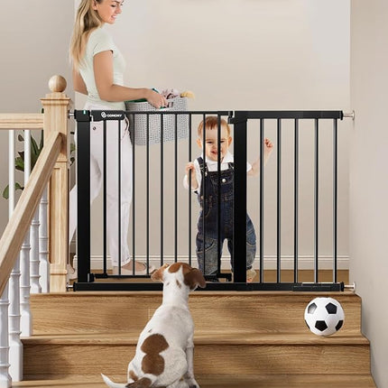 COMOMY 30" Tall Baby Gate for Stairs Doorways, Fits Openings 29.5" to 46" Wide, Auto Close Extra Wide Dog Gate for House, Pressure Mounted Easy Walk Through Pet Gate with Door, Black