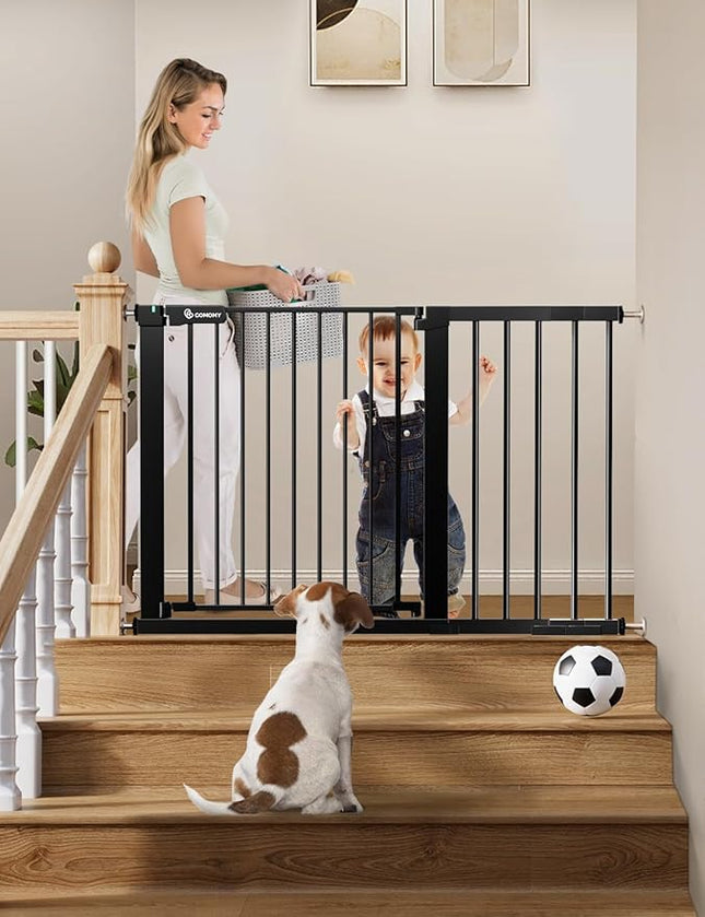 COMOMY 30" Tall Baby Gate for Stairs Doorways, Fits Openings 29.5" to 46" Wide, Auto Close Extra Wide Dog Gate for House, Pressure Mounted Easy Walk Through Pet Gate with Door, Black