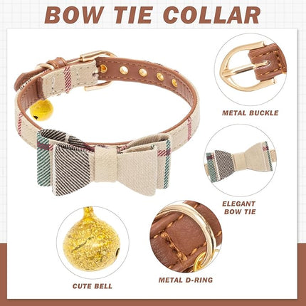 EXPAWLORER Dog Collar and Bandana Set - Classic Plaid Dog Bow Tie and Bandana Collar with PU Leather, Adjustable Collars for Small Medium Large Dogs Cats, Holiday Ideal Gift, Beige XS