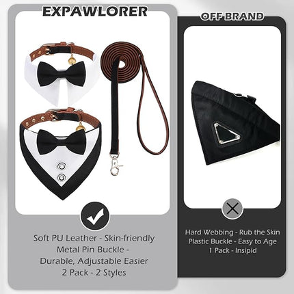 EXPAWLORER Dog Collar and Leash Set - Dog Tuxedo Wedding Outfit Puppy Collar with Suit and Tie, Cute Ring Bearer in Tux Bow and Bandana Design, Proposal Costume for Small Pets