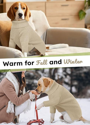 Queenmore XXL Dog Sweater, Large Dog Sweaters for Male Dogs, Turtleneck Plaid Kintsweaters for Large Breeds, Cold Weather Pullover Pet Clothes, Apricot 2XL