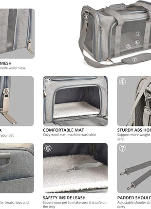 Cat Carriers Dog Carrier Pet Carrier For Small / Medium Cats Dogs Puppies (Up To 15lbs), TSA Airline Approved Small Dog Carrier Soft Sided, Collapsible Waterproof Travel Puppy Carrier - Grey
