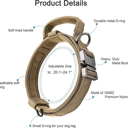 Dog Collar and Leash: - Nylon K9 Collars with Handle and Heavy Duty Metal Buckle for Medium and Large Dogs with 3 Patches and Airtag Case Holder (XL, Brown-Set)