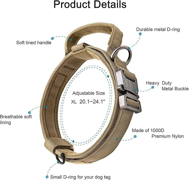 Dog Collar and Leash: - Nylon K9 Collars with Handle and Heavy Duty Metal Buckle for Medium and Large Dogs with 3 Patches and Airtag Case Holder (XL, Brown-Set)