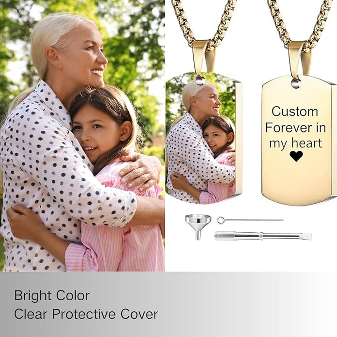 Personalized Ashes Necklace for Men Women Pet Custom Photo Text Urn Necklace Customized Engraving Holder Memorial Cremation Jewelry Keepsake Memorial Gifts