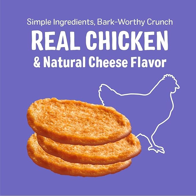 Three Dog Bakery Bark’N Crunch! Chicken Chips, Small 4oz, Cheese Flavor, Crunchy Dog Treats, Two Ingredients, High Protein Snacks, Chicken Treats, Low Calorie Healthy Training Treat, Made in USA