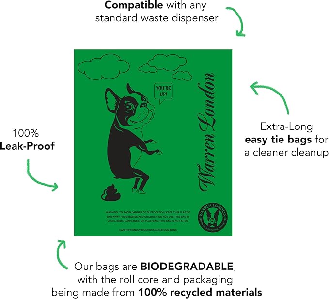 Warren London Dog Poop Bags | Leak-Proof Pet Waste Bags | Earth Friendly with Recycled Packaging | Unscented 9x13 Inch | 8 Rolls (120 Count) for All Dog Breeds