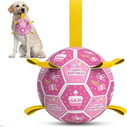 QDAN Dog Birthday Toys, Squeaky Dogs Toys, Dog Soccer Ball with Straps, Puppy Gifts, Herding Balls with Bell Inside, Water Toy, Durable Ropes Ball for Medium Large Dogs (8 inch)