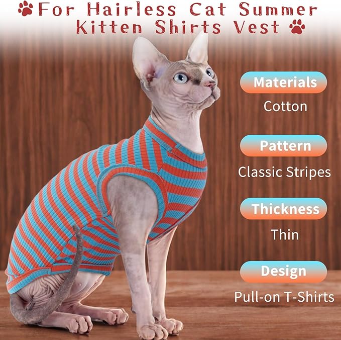 BRKURLEG Hairless Cats T Shirt, Cat Sweaters, Pullover Kitten Shirts, Sleeveless Round Collar Cotton Vest for Cornish Rex Devon Rex Peterbald and Small Dogs Sweater(OrangeBlue Stripes, XL)