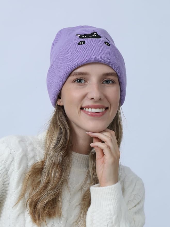 Women’s Cat Beanie Cute Cat Lover Gifts Animal Knitted Hats Christmas Stocking Stuffers for Women Girls