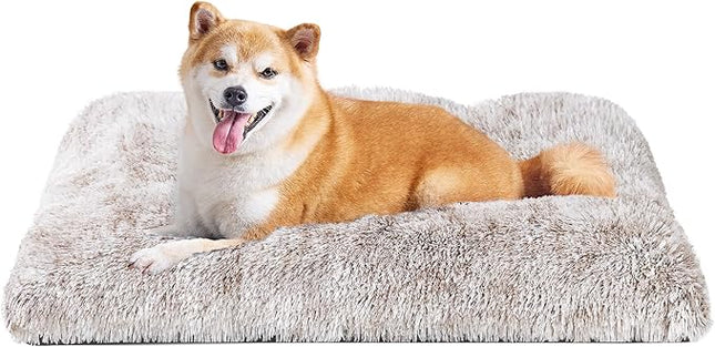 EHEYCIGA Fluffy Dog Crate Bed for Large Dogs, Plush Faux Fur Crate Pad, Calming Anti Anxiety Large Dog Bed, Washable Soft Warm Mat with Non-Slip Bottom, Brown