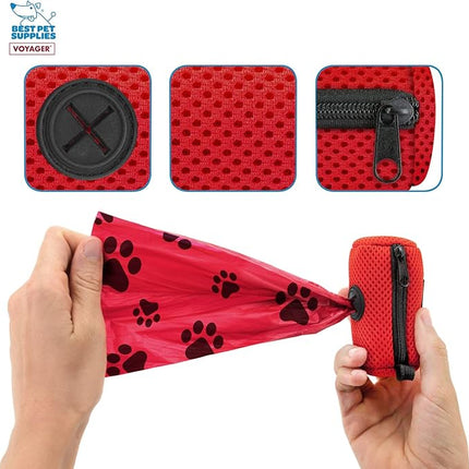 Best Pet Supplies Dog Poop Bag Holder Leash Attachment with 15 Bags, Red, Reusable Mesh Dispenser Pouch for Travel, Walking, Park, and Outdoor Use, Soft and Durable with Clip-On