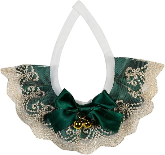 2PCS Dog Cat Collar with Bell Bow Lace Pet Bib Cute Scarfs Necklace Neck Strap for Pet Costume Supplies Dark Green