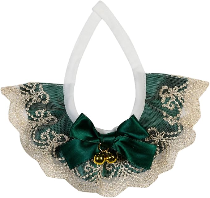 2PCS Dog Cat Collar with Bell Bow Lace Pet Bib Cute Scarfs Necklace Neck Strap for Pet Costume Supplies Dark Green