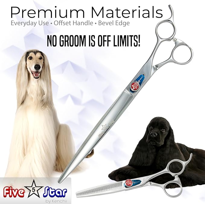 Kenchii Five Star Offset Handle Professional Dog Grooming Shears, 9 Inch Straight Shears, Light Weight, Heavy Duty Pet Grooming Scissor for Dogs, Cats