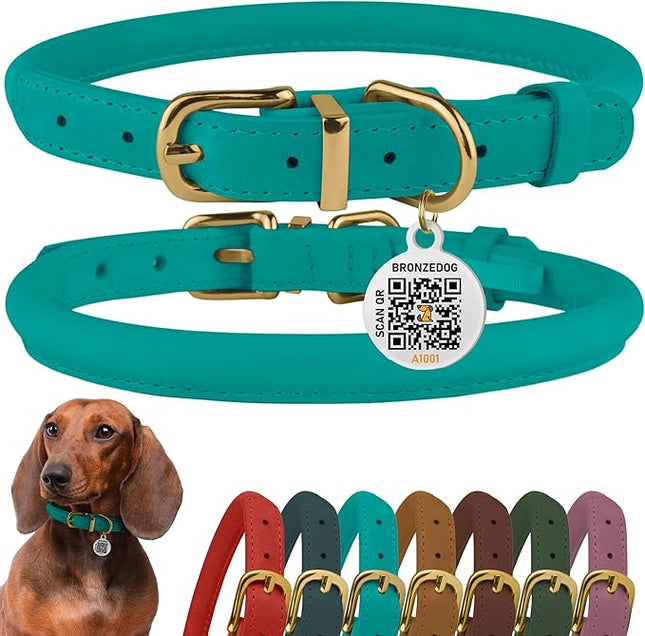 BronzeDog Rolled Leather Dog Collar with QR ID Tag, Adjustable Soft Round Collars for Small Medium Large Dogs Puppy (9" - 11" Neck Size, Turquoise)