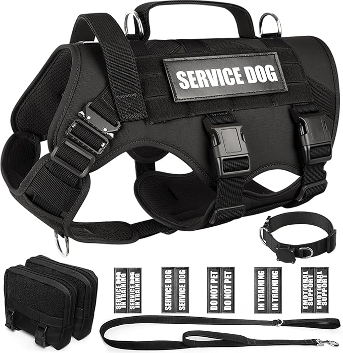 WINSEE Tactical Dog Harness with Dog Leash, Dog Collar, Service Working MOLLE Vest with 10 Pet Patches for Medium Dog, No Pull Military Harness and Backpack with Airtag Holdler