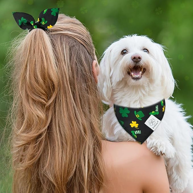E-Clover Dog Bandana Boy & Matching Scrunchie-Shamrock Dog Bandanas Irish Pet Scarf Bib for Samll Dogs Puppy Girl Owner Gift Dark Green