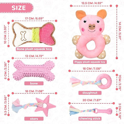 6 Pack Puppy Toys for Teething Small Dogs, Cute Pink Dog Chew Toys for Puppies, Soft Squeaky Dog Toys for Small Breed Cleaning Doggy Teeth, Outdoor Interactive Small Dog Chew Toys Set