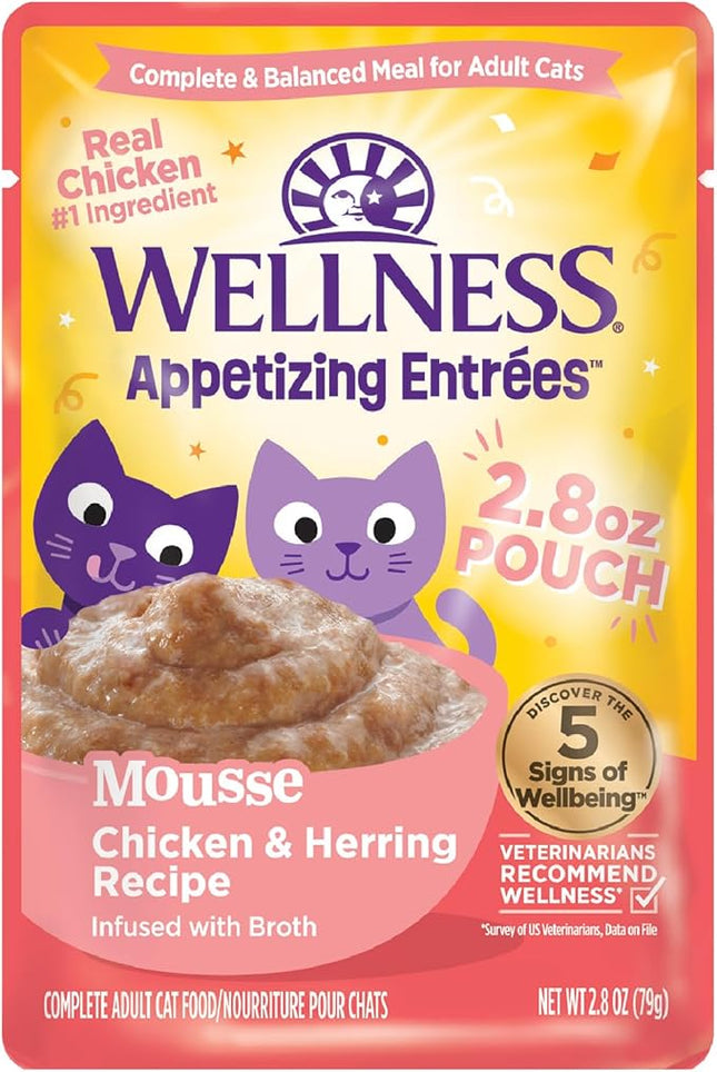 Wellness Appetizing Entrées Mousse, Adult Wet Cat Food, Natural, Protein-Rich, Grain-Free, 2.8 Ounce Pouch, 8 Pack, (Chicken & Herring Recipe)