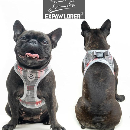 EXPAWLORER Classic Plaid Dog Harness - Large Dog Collar and Leash - Soft Mesh Padded Adjustable Step in Dog Vest Harness No Pull, Reflective Escape Proof for Outdoor Walking, Grey Large