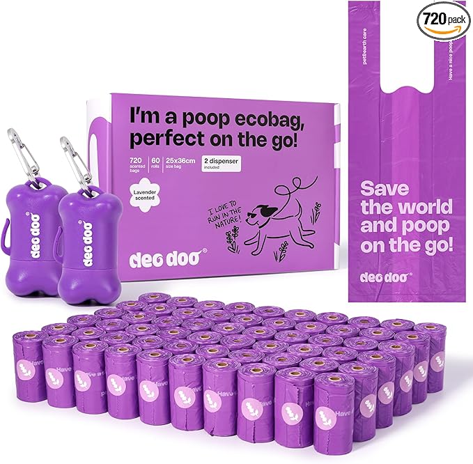 Dog Poop Bags with Handles 60 Rolls 720 Counts Big Sizes Leak Proof and Extra Thick Waste Bags Refill Rolls for Walking Small Medium Large Dogs Cats Litter With 2 Dispensers Lavender Scented