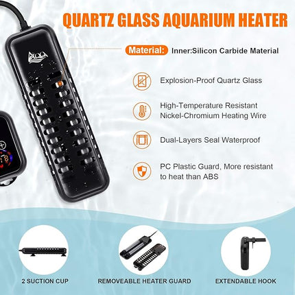 AQQA 1000W Submersible Aquarium Heater for Fish Tank Betta Digital Thermostat Pond Heater with External Controller Temp Range 59-93 ℉ for Freshwater and Saltwater (1000W for 120-280 Gallon Tank)