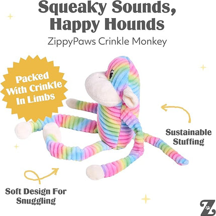 ZippyPaws - Spencer The Crinkle Monkey Dog Toy, Squeaker and Crinkle Plush Toy - Rainbow, Large