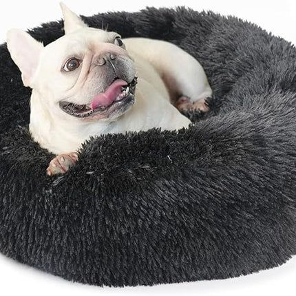 Black Dog Bed for Small Dogs Washble Calming 23 Inch Fluffy Plush Black Dog Bed Round Donut Machine Washable Small Pet Bed