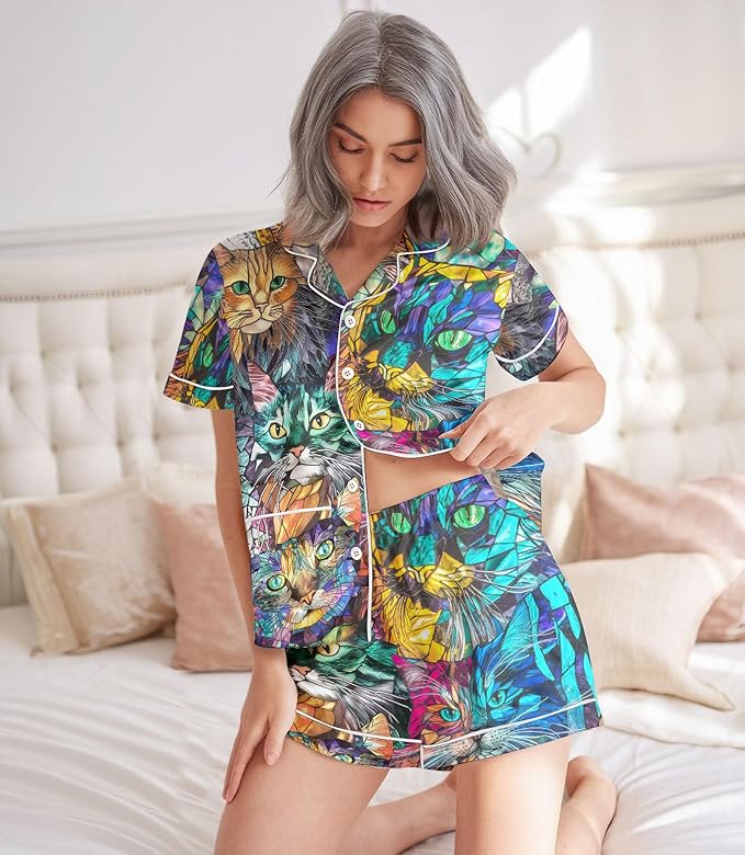 Women’s Silk Satin Pajama Set, Short Sleeve Button Down 2 Piece PJs with Shorts, Cozy Loungewear & Matching Holiday Pajamas