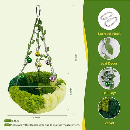 Bird Nest with Bell for Cage,Plush Hanging Bird Bed for Parakeet Indoor & Outdoor,Breeding Bird House for Conure,Budgie,Cockatiel,Lovebird,Canary,Finch,Hamster,Small Pets,Warm Nest,Green S