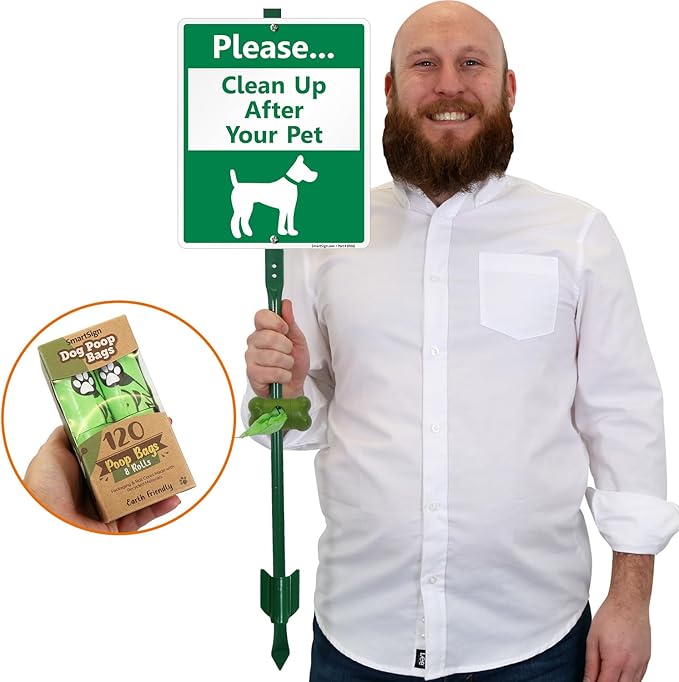 SmartSign Please Clean Up After Your Pet Yard Sign & Clip-On Preloaded Dispenser Combo/Kit with 135 Dog Poop Waste Bags, 10"x12" Rust-proof Aluminum Sign with 3ft Steel Stake