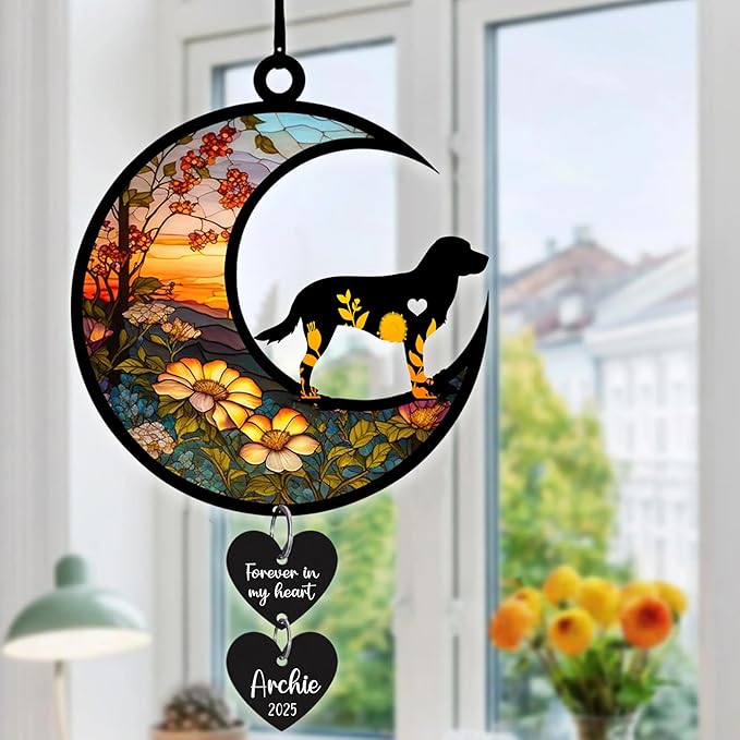 LOVELYPOD Personalized Dog Memorial Suncatcher Window, Pet Loss Sympathy Gift, Custom Fur Memorial Gifts for Loss of Pet, Dog Remembrance Stained Glass, Hanging Garden Decor with Moon