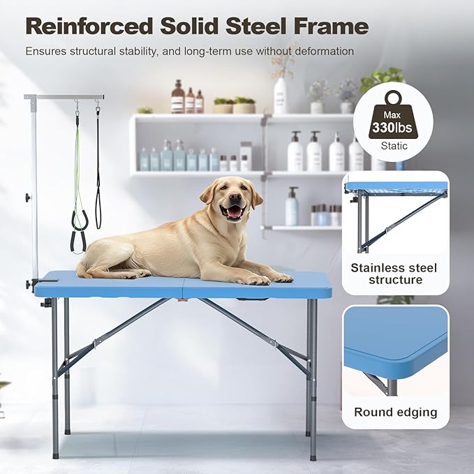 ynhurenth 49'' Pet Grooming Table for Large Dogs, Foldable Professional Grooming Table for Dogs at Home with Double Loops/Adjustable Arm, Capacity up to 330lbs, Blue